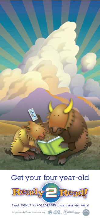 A parent bison and a baby bison reading together. Text SIGNUP to 406-204-3583 to receive texts.