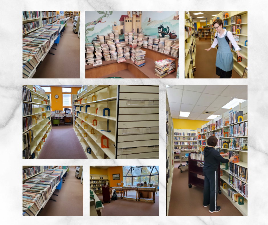 photos of staff, shelves and books during reorganization of adult fiction