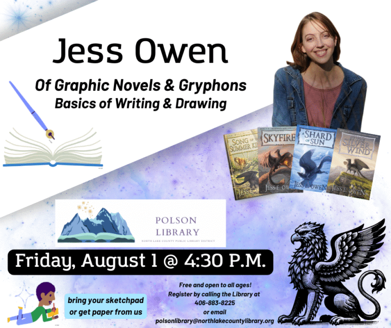Jess Owen "Of Graphic Novels and Gryphons" August 1 at 4:30 p.m.