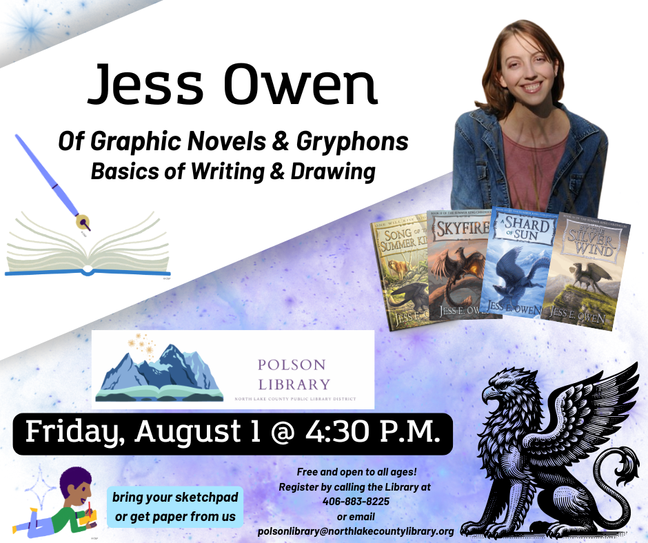 Jess Owen "Of Graphic Novels and Gryphons" August 1 at 4:30 p.m.