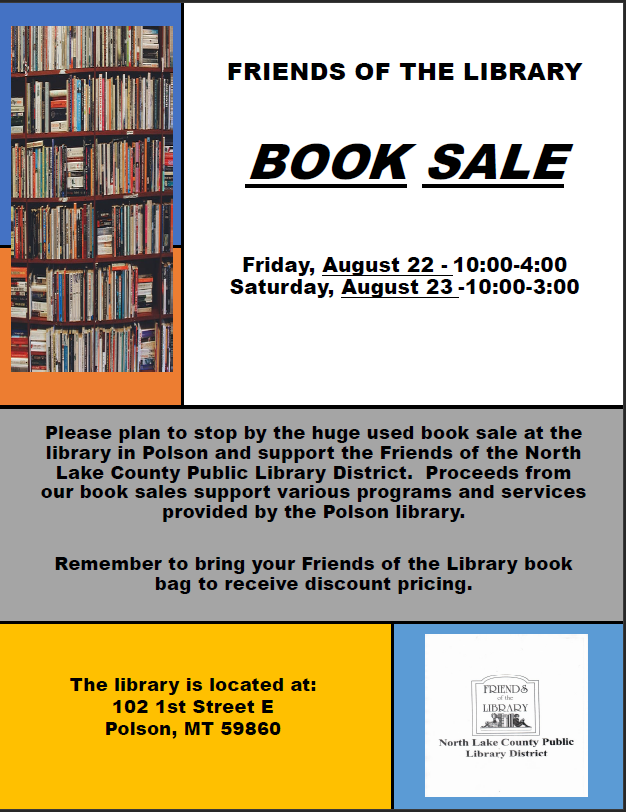 Friends of the Library used book sale August 22 from 10 to 4 and August 23 from 10 to 3 in the Library Community Room.