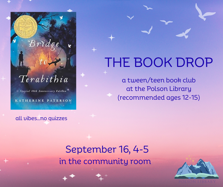 The Book Drop teen book club reading Bridge to Terabithia and discussing September 16 at 4 p.m.