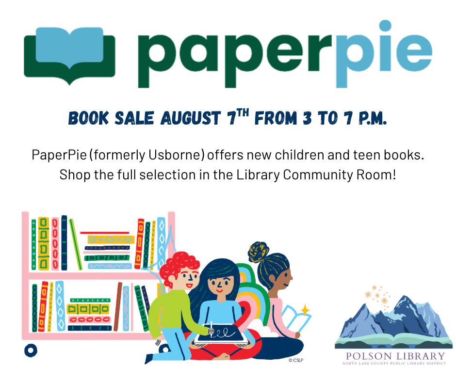 PaperPie book sale August 7th from 3 to 7 p.m. in the library community room