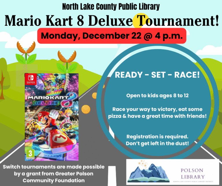 Mario Kart 8 Deluxe Tournament for 8-12 year olds December 22 at 4 p.m. Registration required. We'll have pizza.