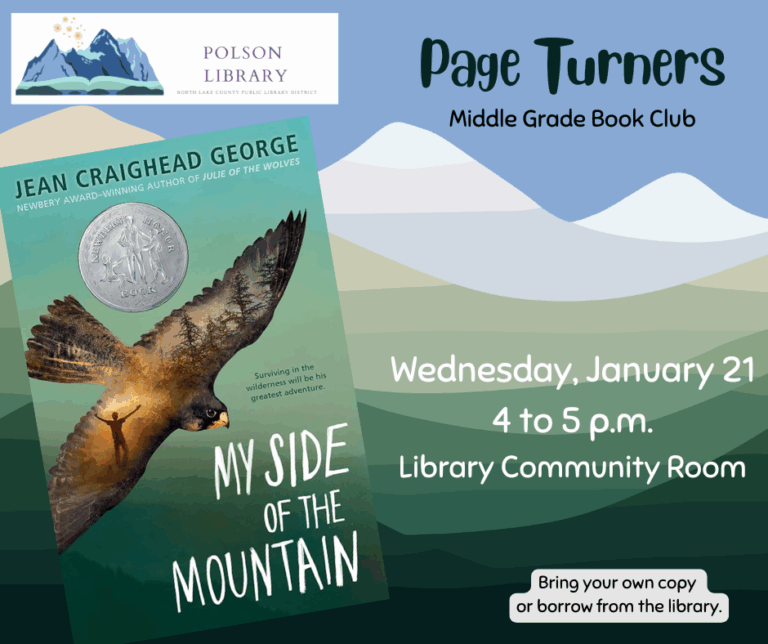 Page Turners middle grade book club reading "My Side of the Mountain" and discussing Wednesday, January 21 at 4 p.m.