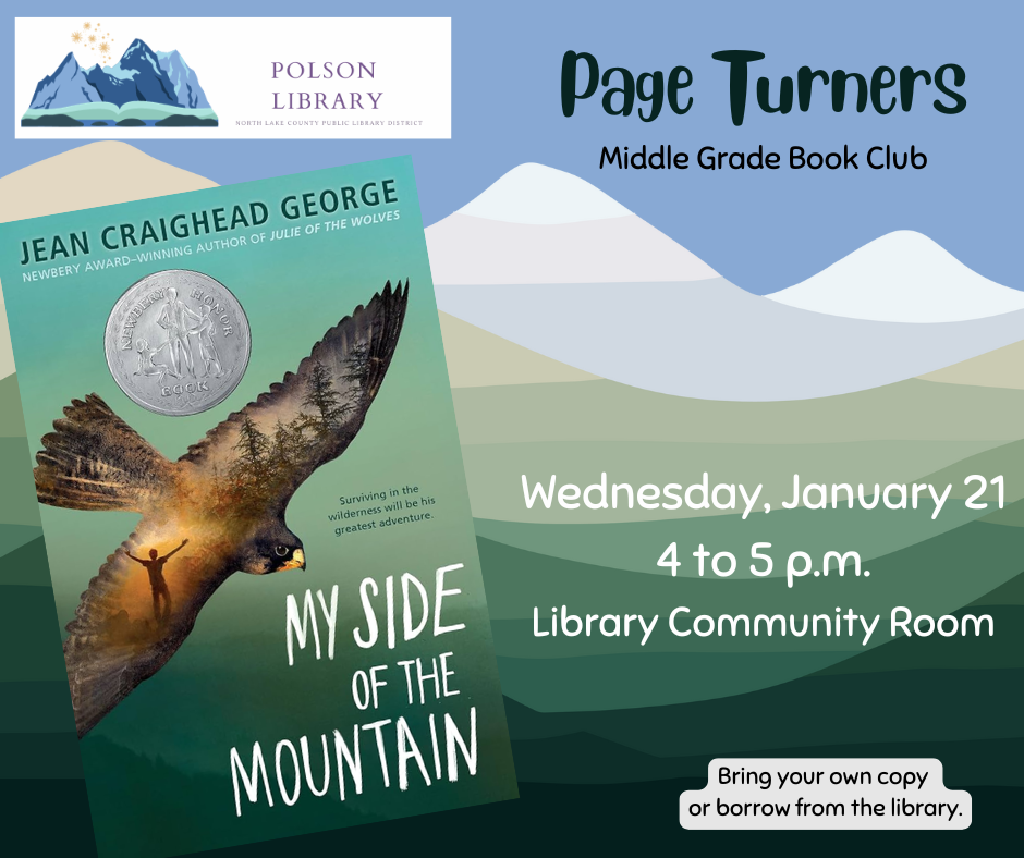 Page Turners middle grade book club reading "My Side of the Mountain" and discussing Wednesday, January 21 at 4 p.m.