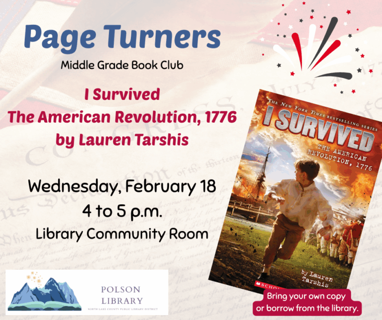 Page Turners middle grade book club reading "I Survived the American Revolution 1776" and discussing February 18 at 4 p.m.
