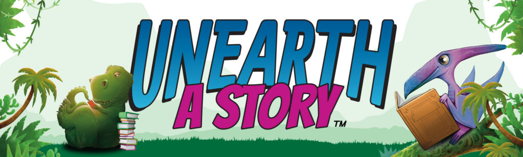 Unearth a Story banner with dinosaurs