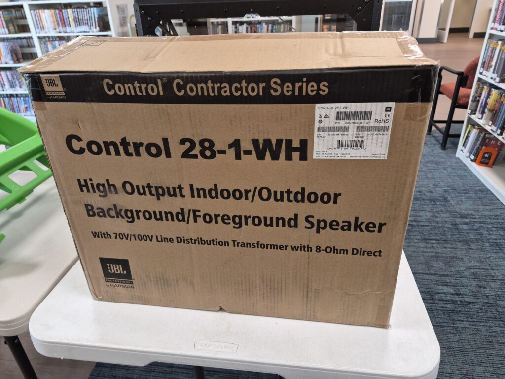 New in box - JBL Indoor/Outdoor speakers. Control 28-1 8 inch surface-mount speakers, white (pair). Minimum bid $450 (retail $630)