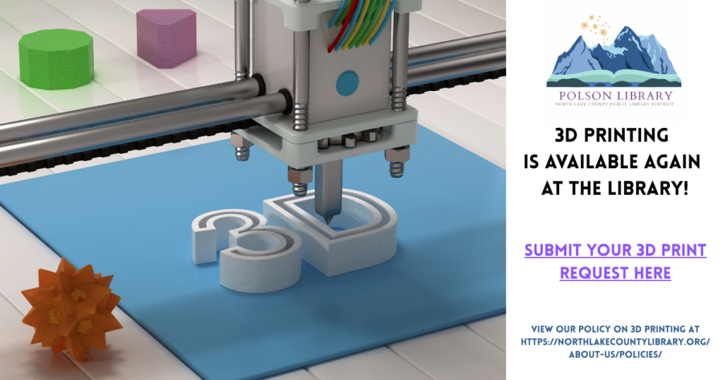 3D Printing is available again at the library! Submit your 3D Print at https://forms.gle/k8nYXHbsoMDstYJ17 View our policy on 3D printing at https://northlakecountylibrary.org/wp-content/uploads/2024/08/Makerspace-Use-and-Equipment-Policy.pdf https://forms.gle/FiB7N4aJcoq3QAio9
