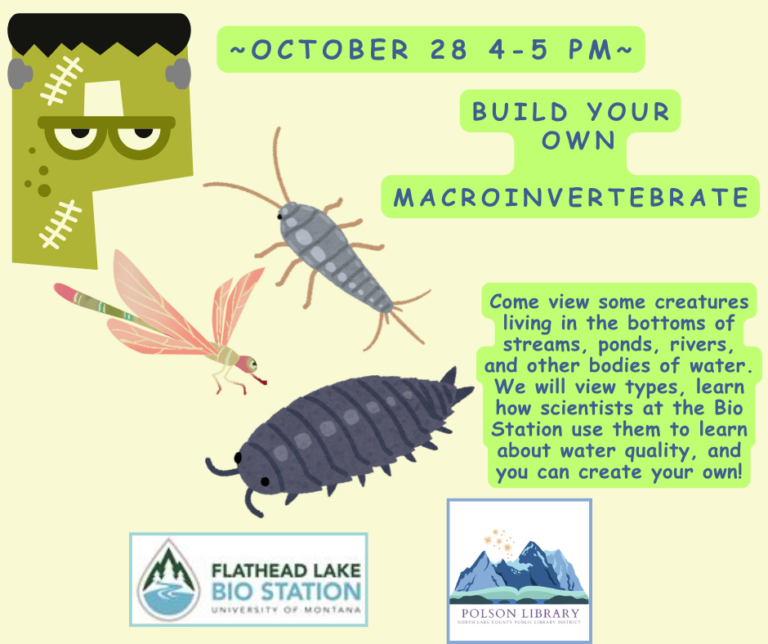 "Macroinvertebrates: Spooky or Spectacular?" Come view some creatures living in the bottoms of streams, ponds, rivers, and other bodies of water. We will view different types, learn how scientists at the Bio Station use them to learn about water quality, and you'll have the opportunity to create your own unique macroinvertebrate.