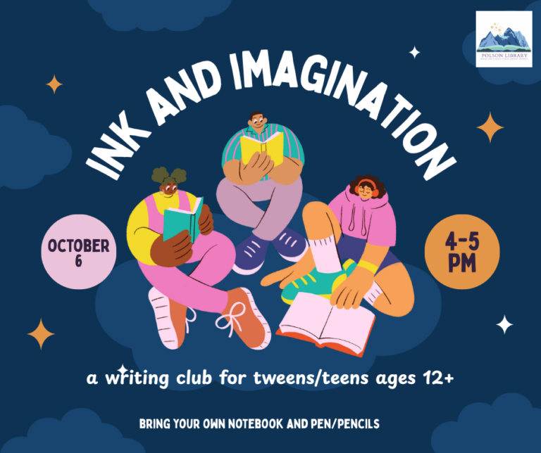 Ink and Imagination, a writing club for tweens/teens ages 12+, will meet October 6th from 4-5 pm. Bring your own notebook and pens/pencils.