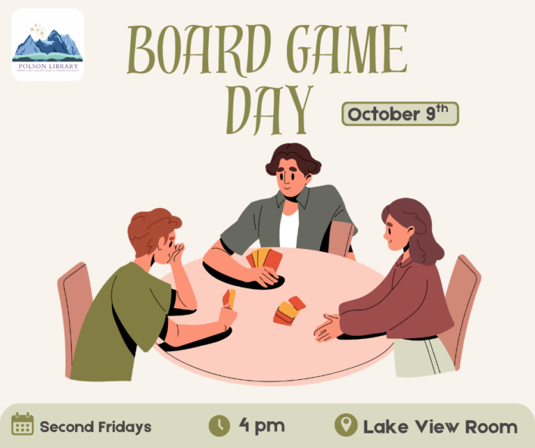 Board Game Day October 9th at 4 p.m. Second Fridays in the Lake View Room